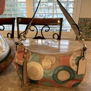 Coach Coral Aqua Multi Color Logo Sateen Patent Leather Satchel B1259-F19187